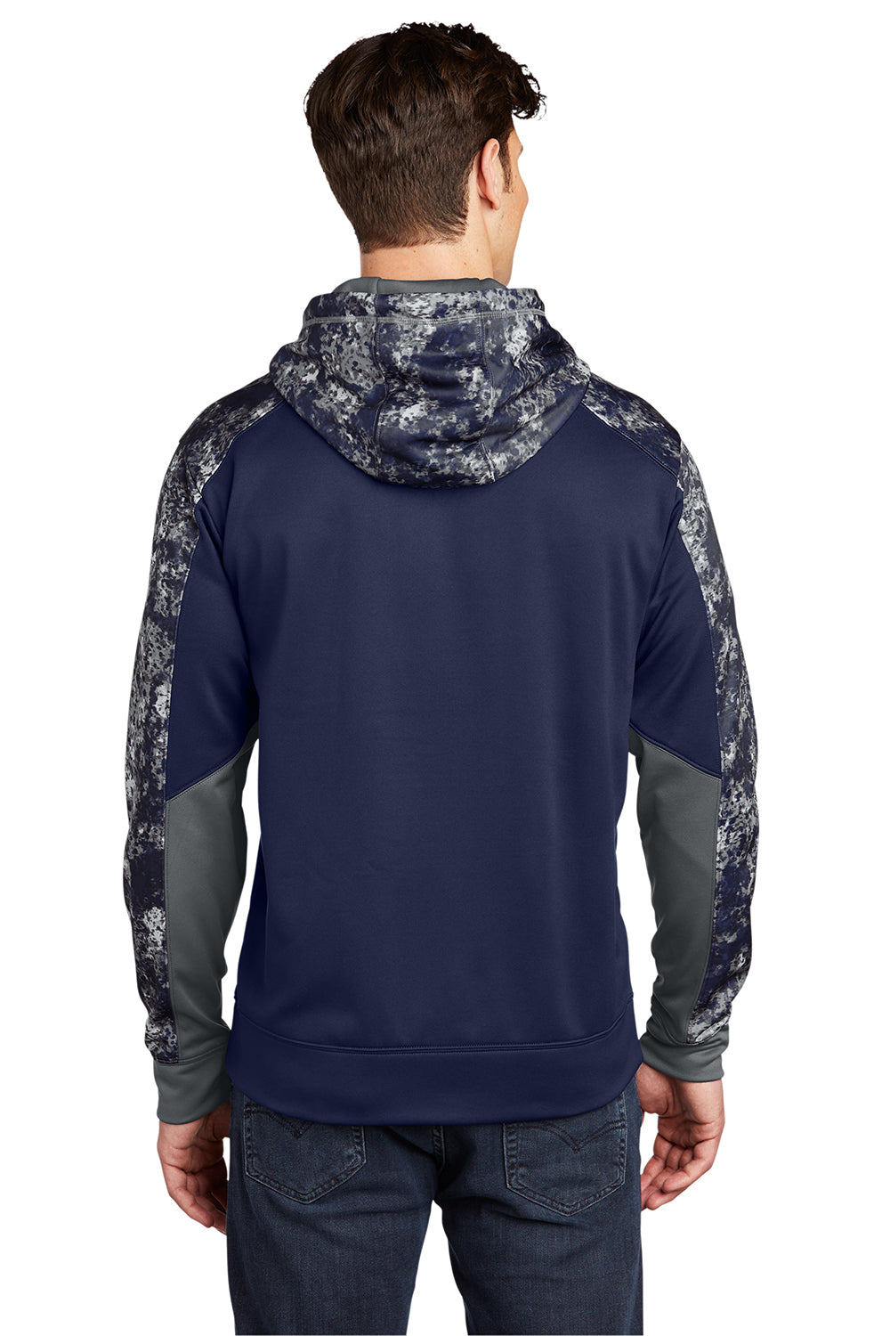 Sport-Tek ST231 Mens Sport-Wick Mineral Freeze Moisture Wicking Fleece Hooded Sweatshirt Hoodie True Navy Blue Model Back