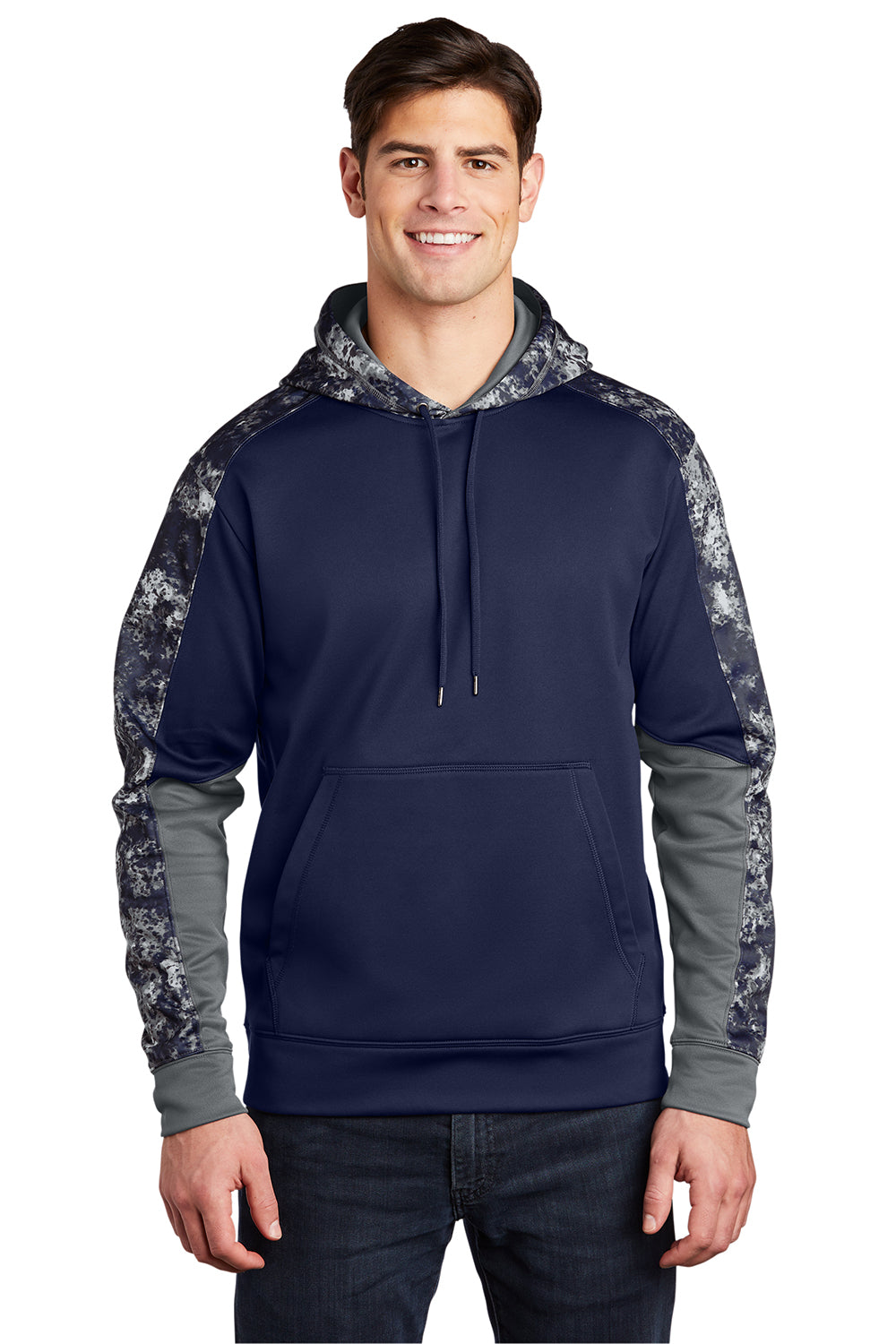 Sport-Tek ST231 Mens Sport-Wick Mineral Freeze Moisture Wicking Fleece Hooded Sweatshirt Hoodie True Navy Blue Model Front