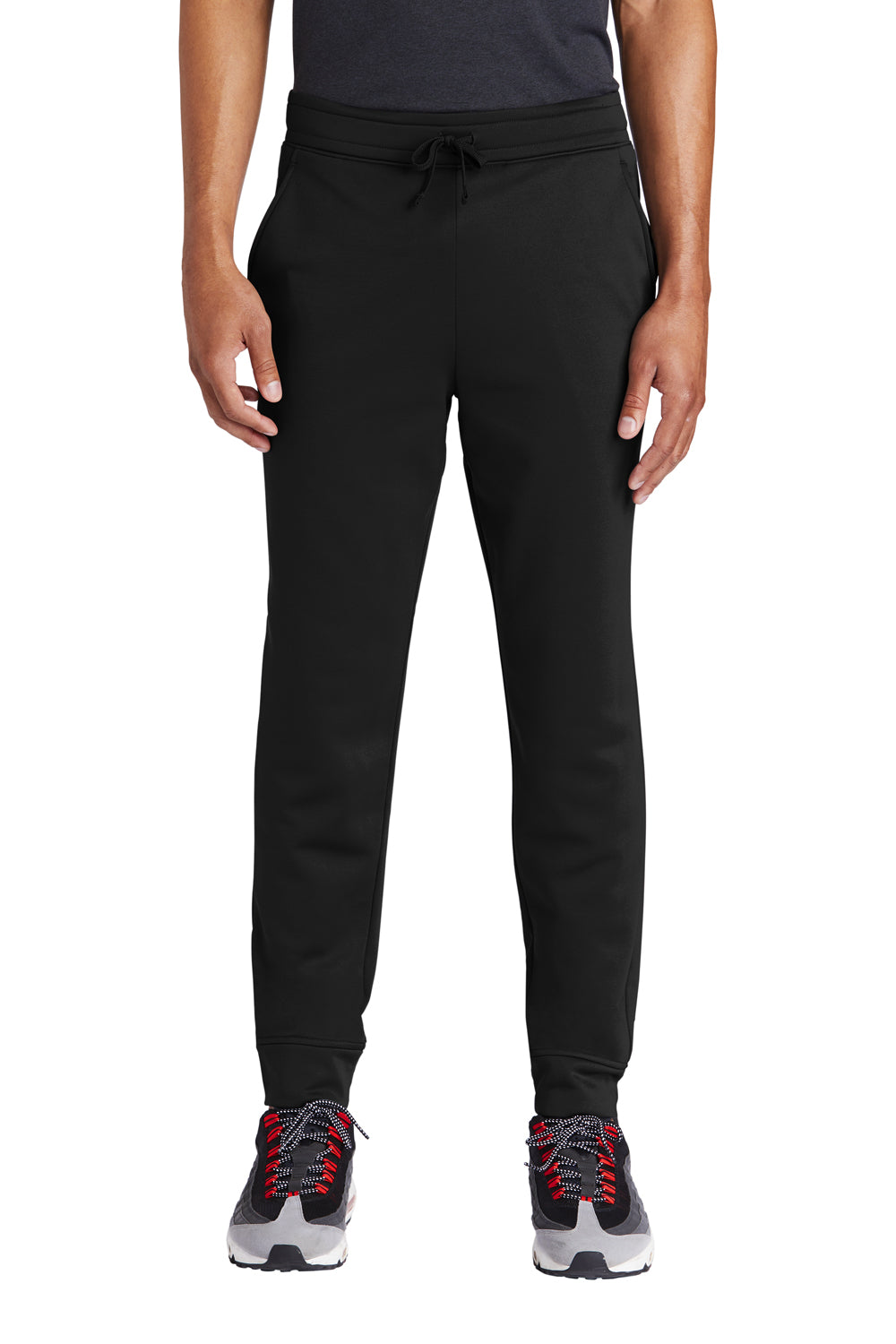 Sport-Tek ST233 Mens Sport Wick Moisture Wicking Fleece Jogger Sweatpants w/ Pockets Black Model Front