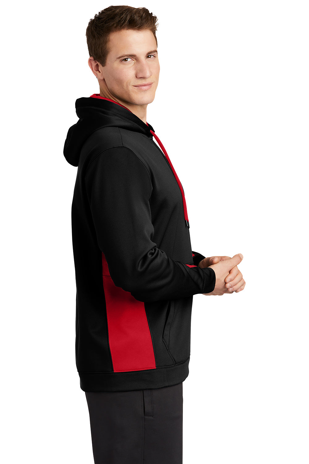 Sport-Tek ST235 Mens Sport-Wick Moisture Wicking Fleece Hooded Sweatshirt Hoodie Black/Deep Red Model Side