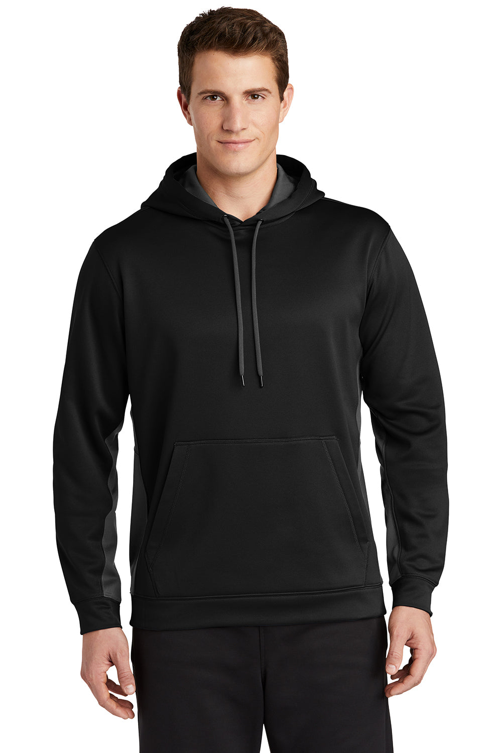 Sport-Tek ST235 Mens Sport-Wick Moisture Wicking Fleece Hooded Sweatshirt Hoodie Black/Dark Smoke Grey Model Front