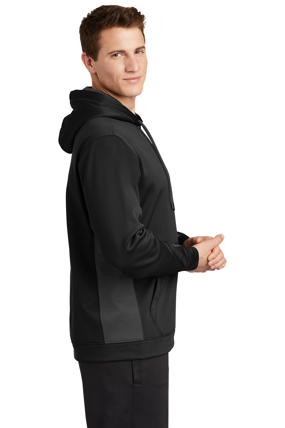 Sport-Tek ST235 Mens Sport-Wick Moisture Wicking Fleece Hooded Sweatshirt Hoodie Black/Dark Smoke Grey Model Side