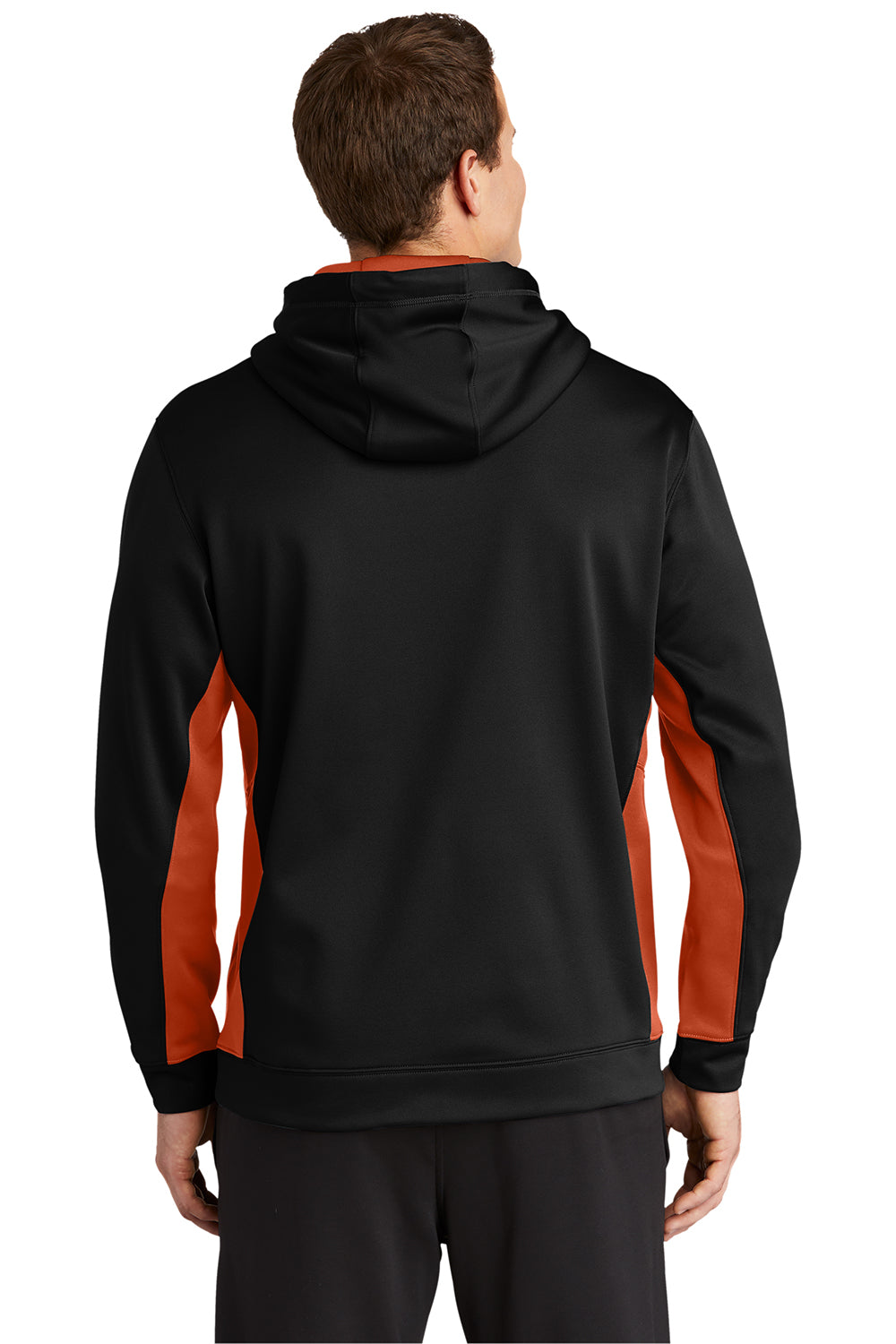 Sport-Tek ST235 Mens Sport-Wick Moisture Wicking Fleece Hooded Sweatshirt Hoodie Black/Deep Orange Model Back