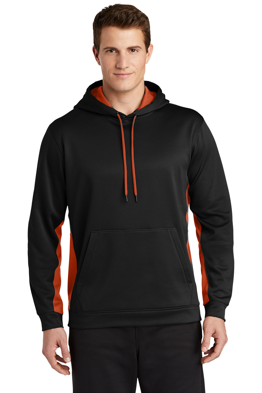 Sport-Tek ST235 Mens Sport-Wick Moisture Wicking Fleece Hooded Sweatshirt Hoodie Black/Deep Orange Model Front