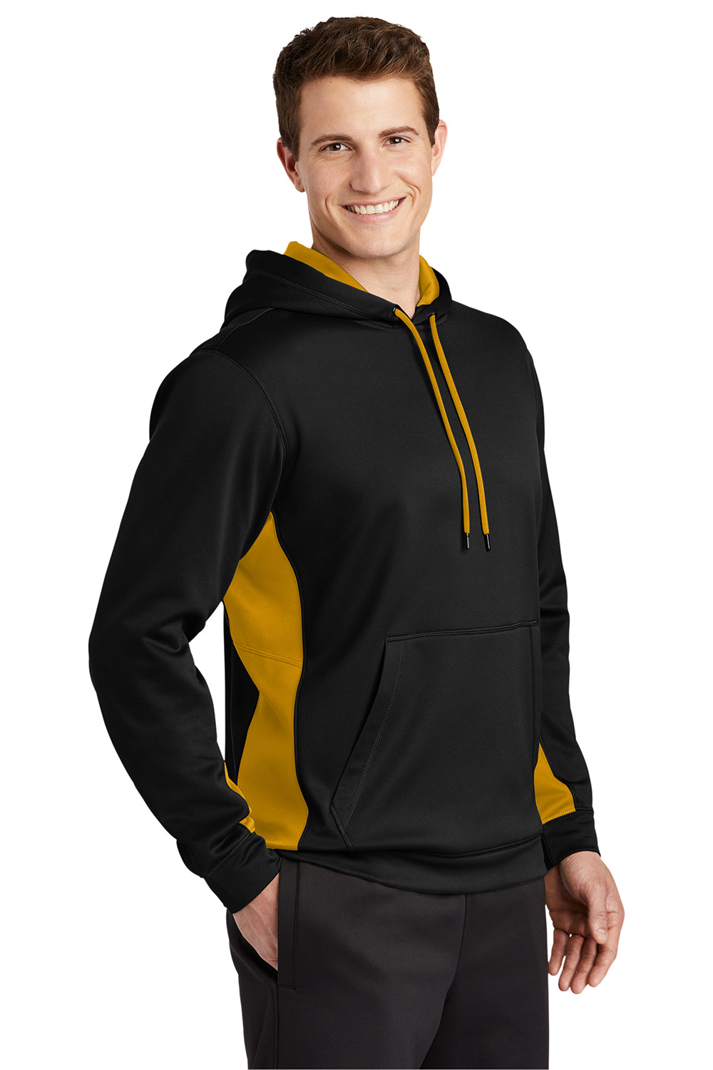 Sport-Tek ST235 Mens Sport-Wick Moisture Wicking Fleece Hooded Sweatshirt Hoodie Black/Gold Model 3q