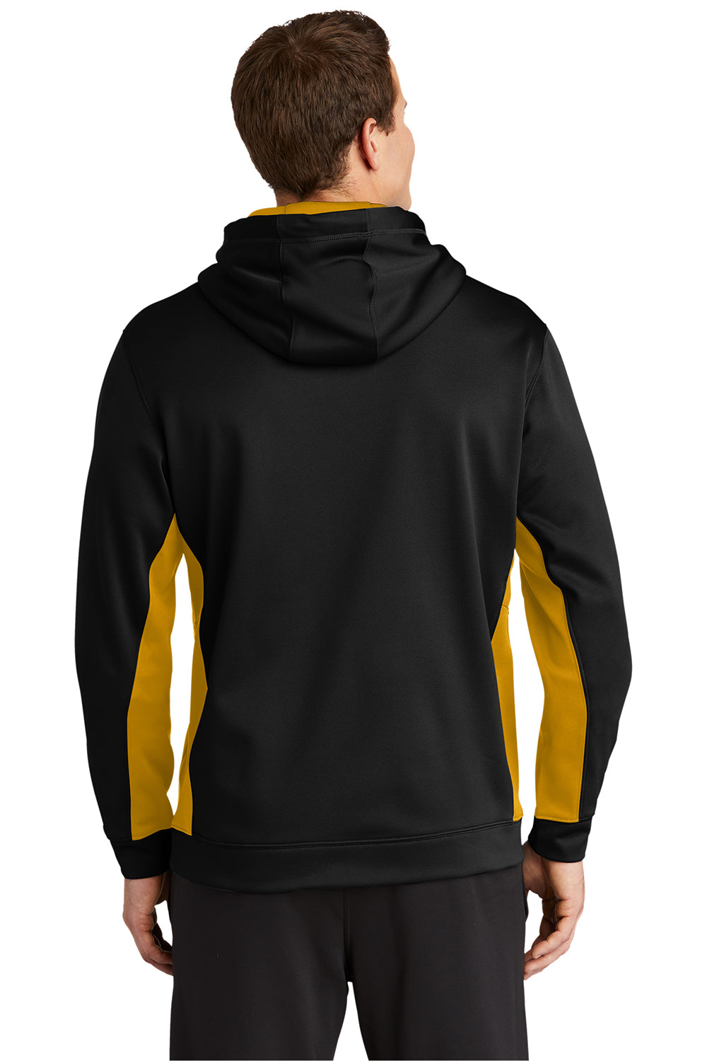 Sport-Tek ST235 Mens Sport-Wick Moisture Wicking Fleece Hooded Sweatshirt Hoodie Black/Gold Model Back