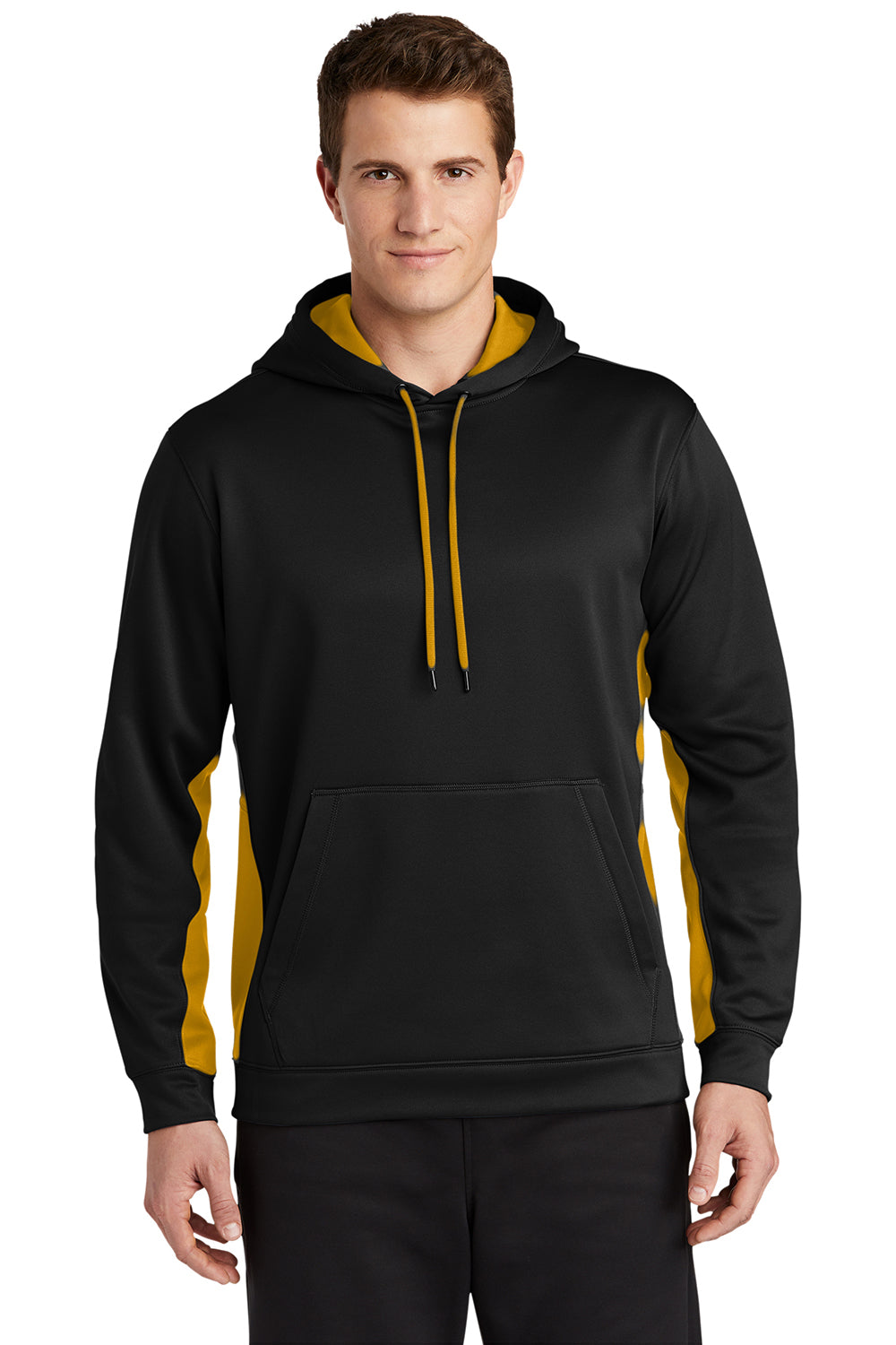 Sport-Tek ST235 Mens Sport-Wick Moisture Wicking Fleece Hooded Sweatshirt Hoodie Black/Gold Model Front