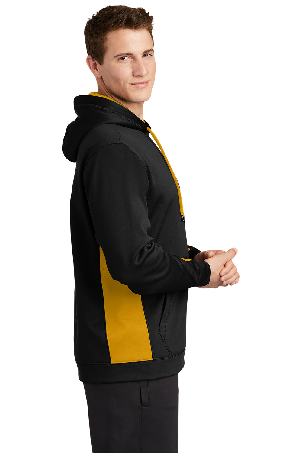 Sport-Tek ST235 Mens Sport-Wick Moisture Wicking Fleece Hooded Sweatshirt Hoodie Black/Gold Model Side