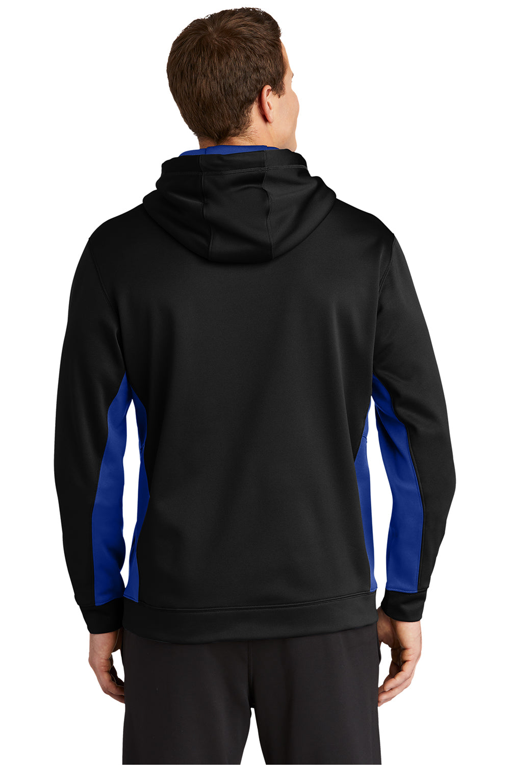 Sport-Tek ST235 Mens Sport-Wick Moisture Wicking Fleece Hooded Sweatshirt Hoodie Black/True Royal Blue Model Back