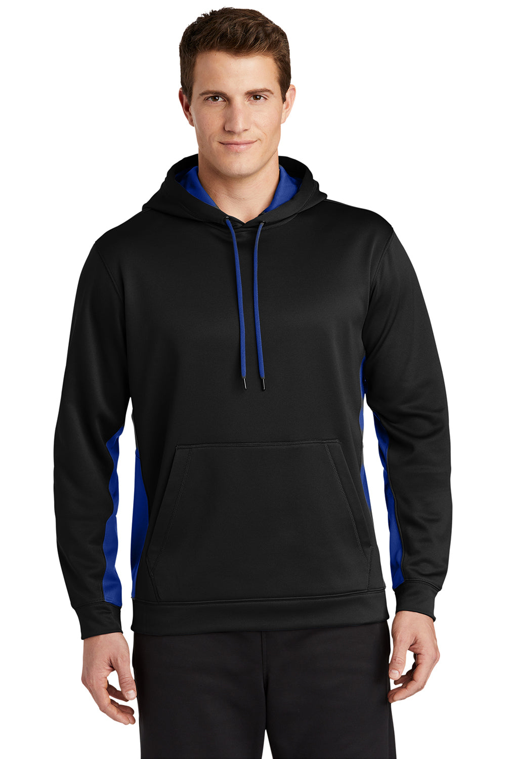 Sport-Tek ST235 Mens Sport-Wick Moisture Wicking Fleece Hooded Sweatshirt Hoodie Black/True Royal Blue Model Front