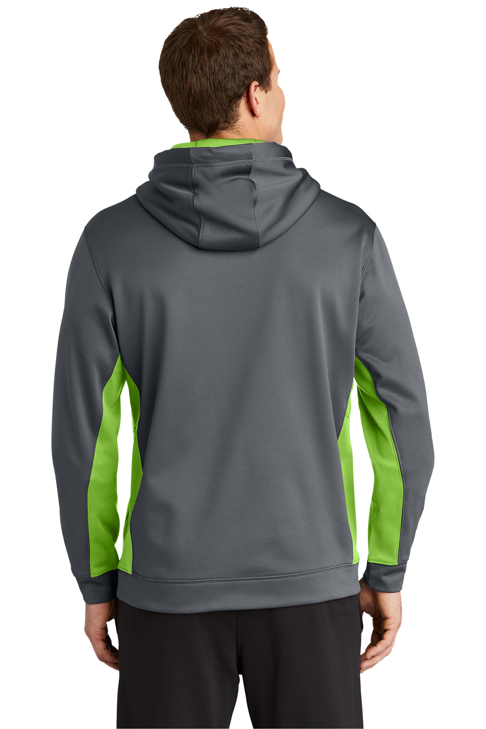 Sport-Tek ST235 Mens Sport-Wick Moisture Wicking Fleece Hooded Sweatshirt Hoodie Dark Smoke Grey/Lime Shock Green Model Back