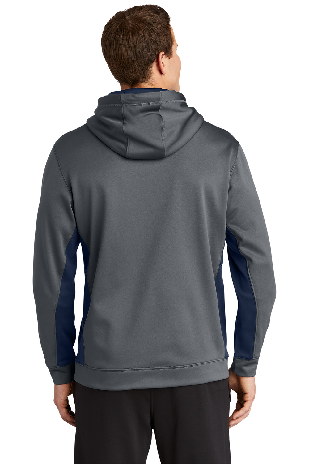 Sport-Tek ST235 Mens Sport-Wick Moisture Wicking Fleece Hooded Sweatshirt Hoodie Dark Smoke Grey/Navy Blue Model Back