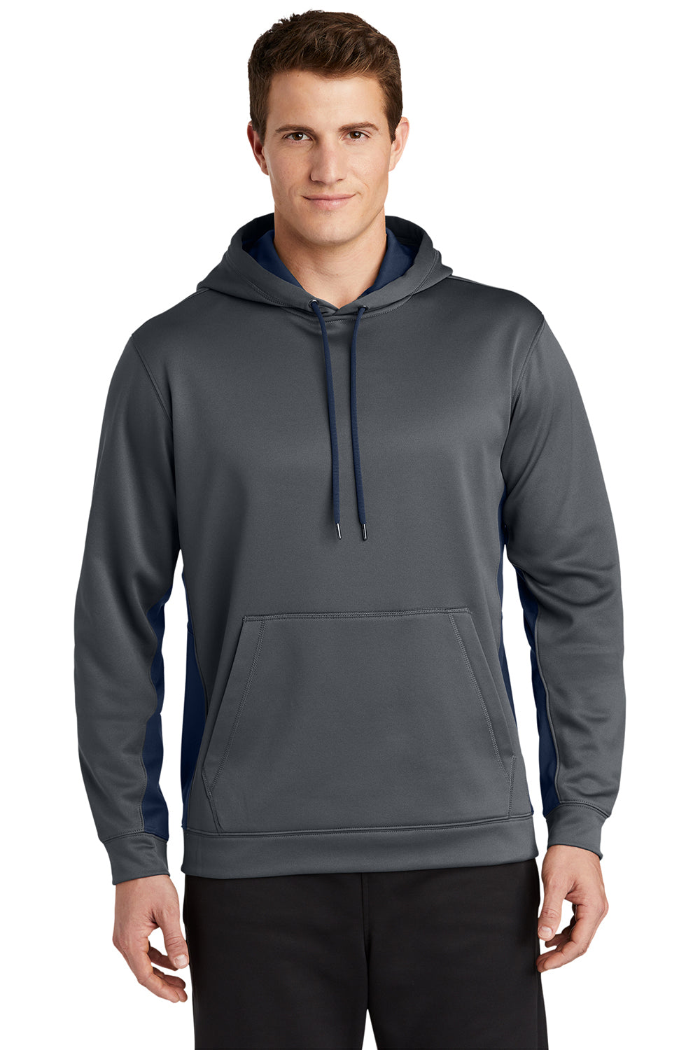 Sport-Tek ST235 Mens Sport-Wick Moisture Wicking Fleece Hooded Sweatshirt Hoodie Dark Smoke Grey/Navy Blue Model Front