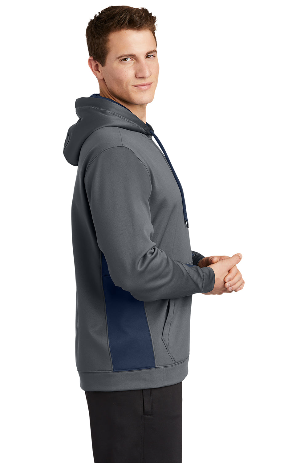 Sport-Tek ST235 Mens Sport-Wick Moisture Wicking Fleece Hooded Sweatshirt Hoodie Dark Smoke Grey/Navy Blue Model Side