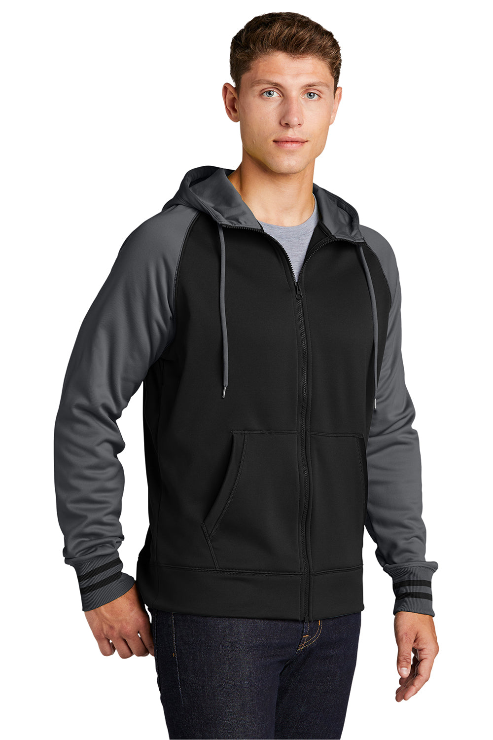 Sport-Tek ST236 Mens Sport-Wick Moisture Wicking Fleece Hooded Sweatshirt Hoodie Black/Dark Smoke Grey Model 3q