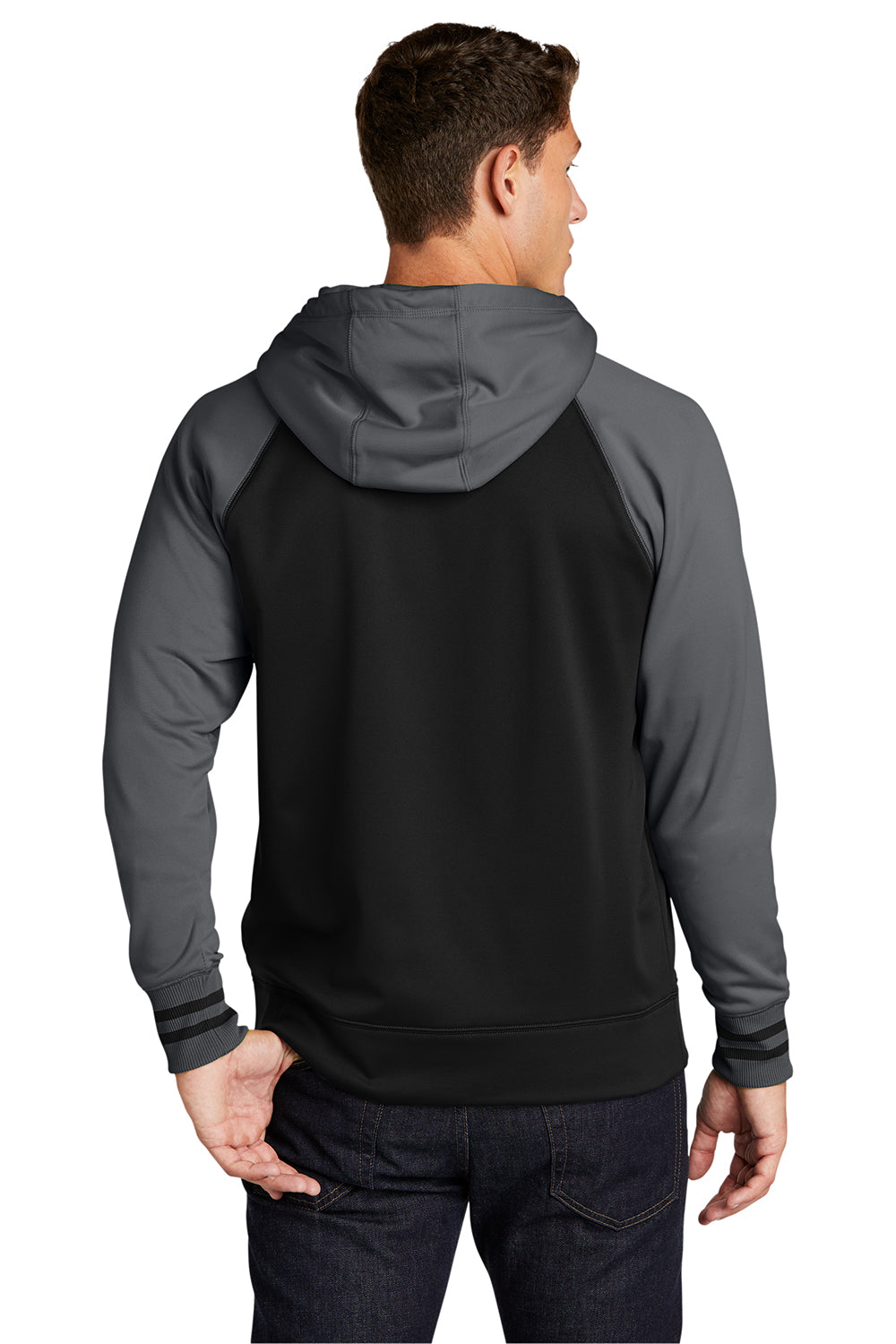 Sport-Tek ST236 Mens Sport-Wick Moisture Wicking Fleece Hooded Sweatshirt Hoodie Black/Dark Smoke Grey Model Back