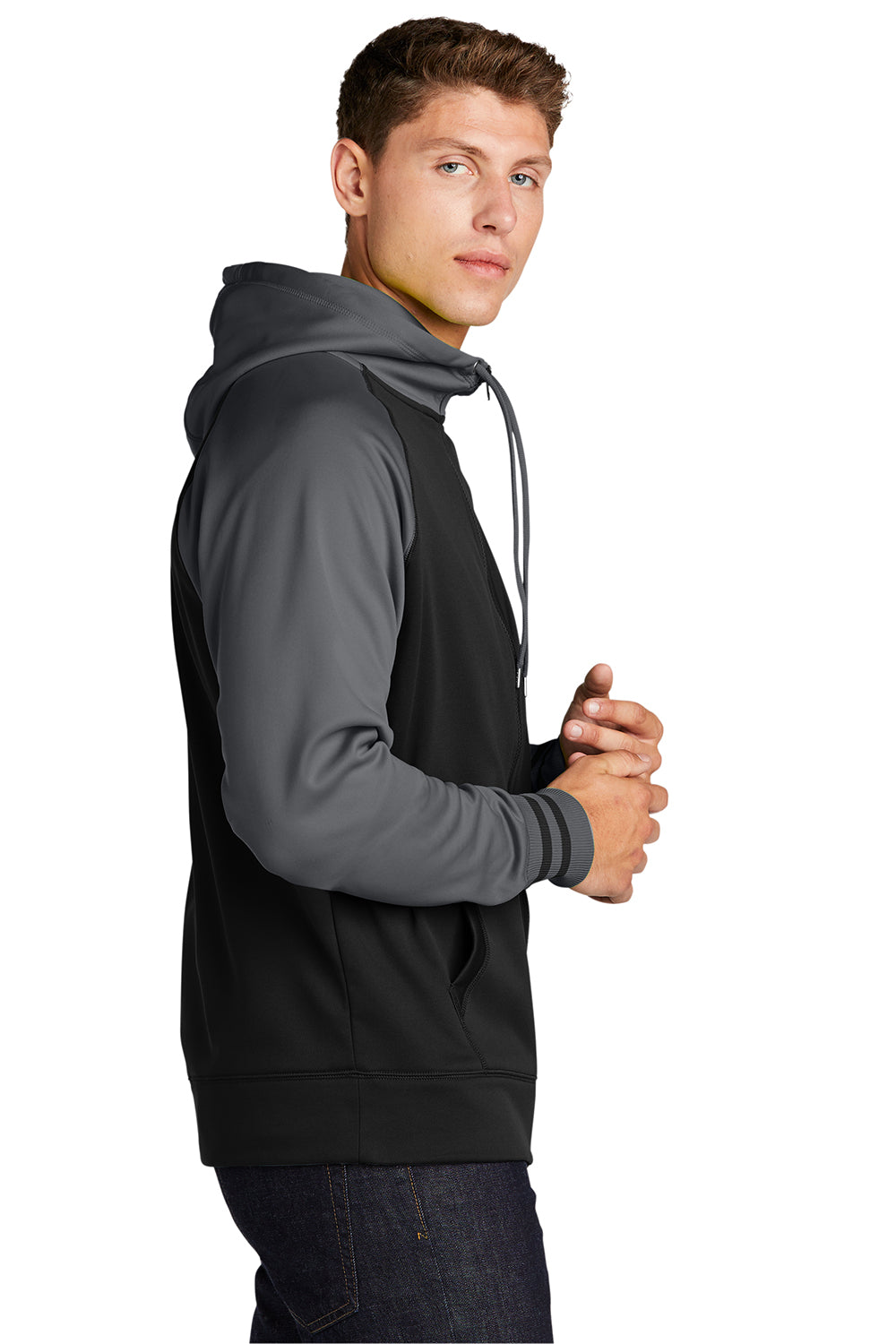 Sport-Tek ST236 Mens Sport-Wick Moisture Wicking Fleece Hooded Sweatshirt Hoodie Black/Dark Smoke Grey Model Side