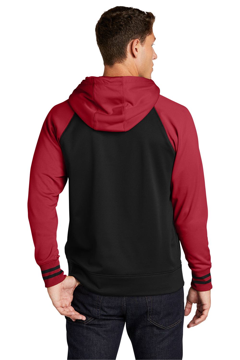 Sport-Tek ST236 Mens Sport-Wick Moisture Wicking Fleece Hooded Sweatshirt Hoodie Black/Deep Red Model Back