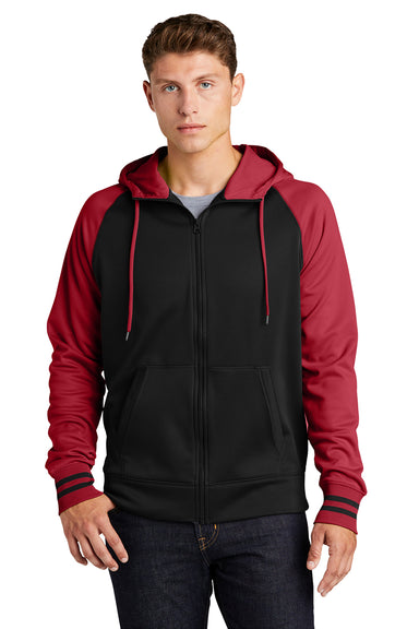 Sport-Tek ST236 Mens Sport-Wick Moisture Wicking Fleece Hooded Sweatshirt Hoodie Black/Deep Red Model Front