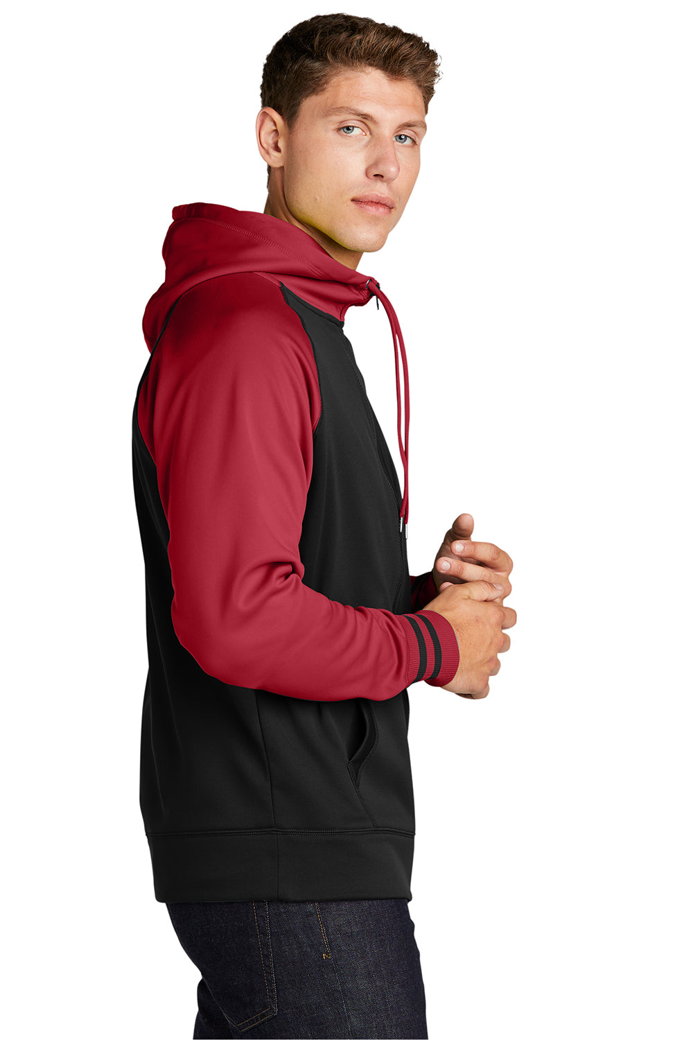 Sport-Tek ST236 Mens Sport-Wick Moisture Wicking Fleece Hooded Sweatshirt Hoodie Black/Deep Red Model Side