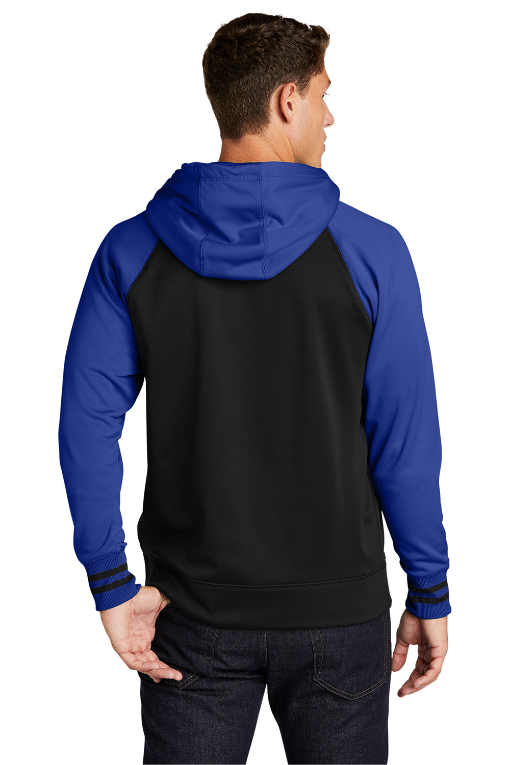 Sport-Tek ST236 Mens Sport-Wick Moisture Wicking Fleece Hooded Sweatshirt Hoodie Black/True Royal Blue Model Back