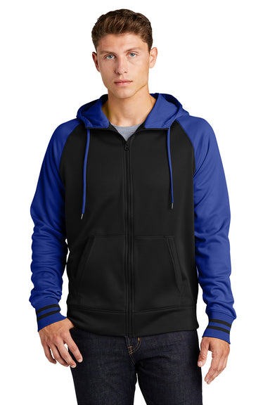 Sport-Tek ST236 Mens Sport-Wick Moisture Wicking Fleece Hooded Sweatshirt Hoodie Black/True Royal Blue Model Front