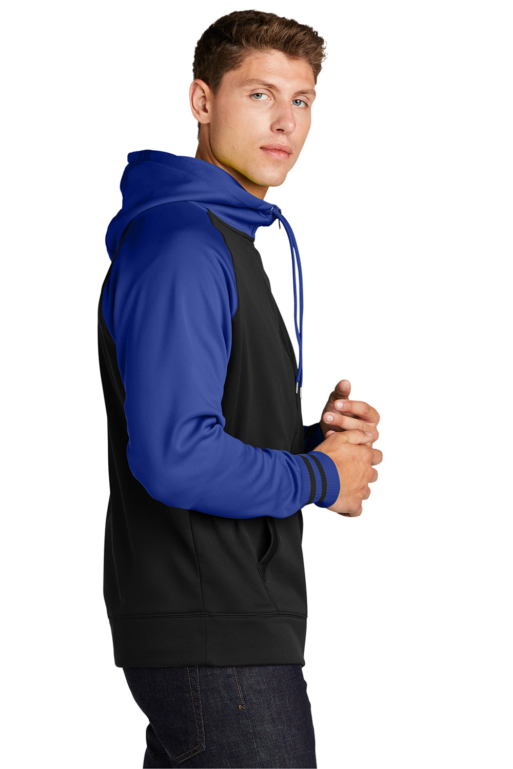 Sport-Tek ST236 Mens Sport-Wick Moisture Wicking Fleece Hooded Sweatshirt Hoodie Black/True Royal Blue Model Side