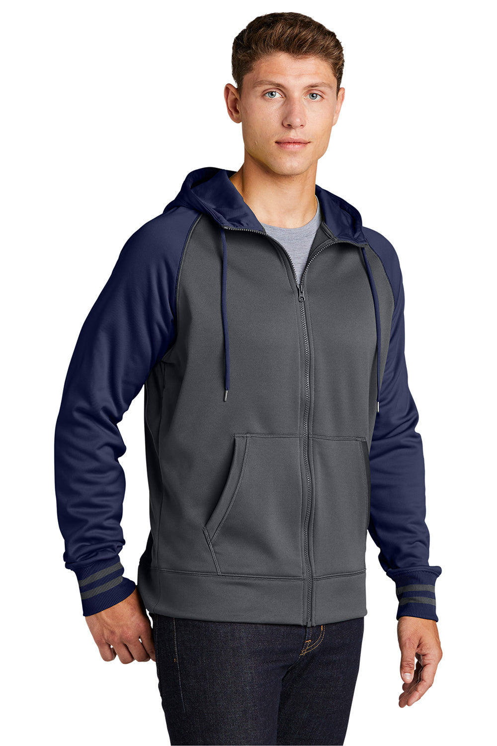 Sport-Tek ST236 Mens Sport-Wick Moisture Wicking Fleece Hooded Sweatshirt Hoodie Dark Smoke Grey/Navy Blue Model 3q