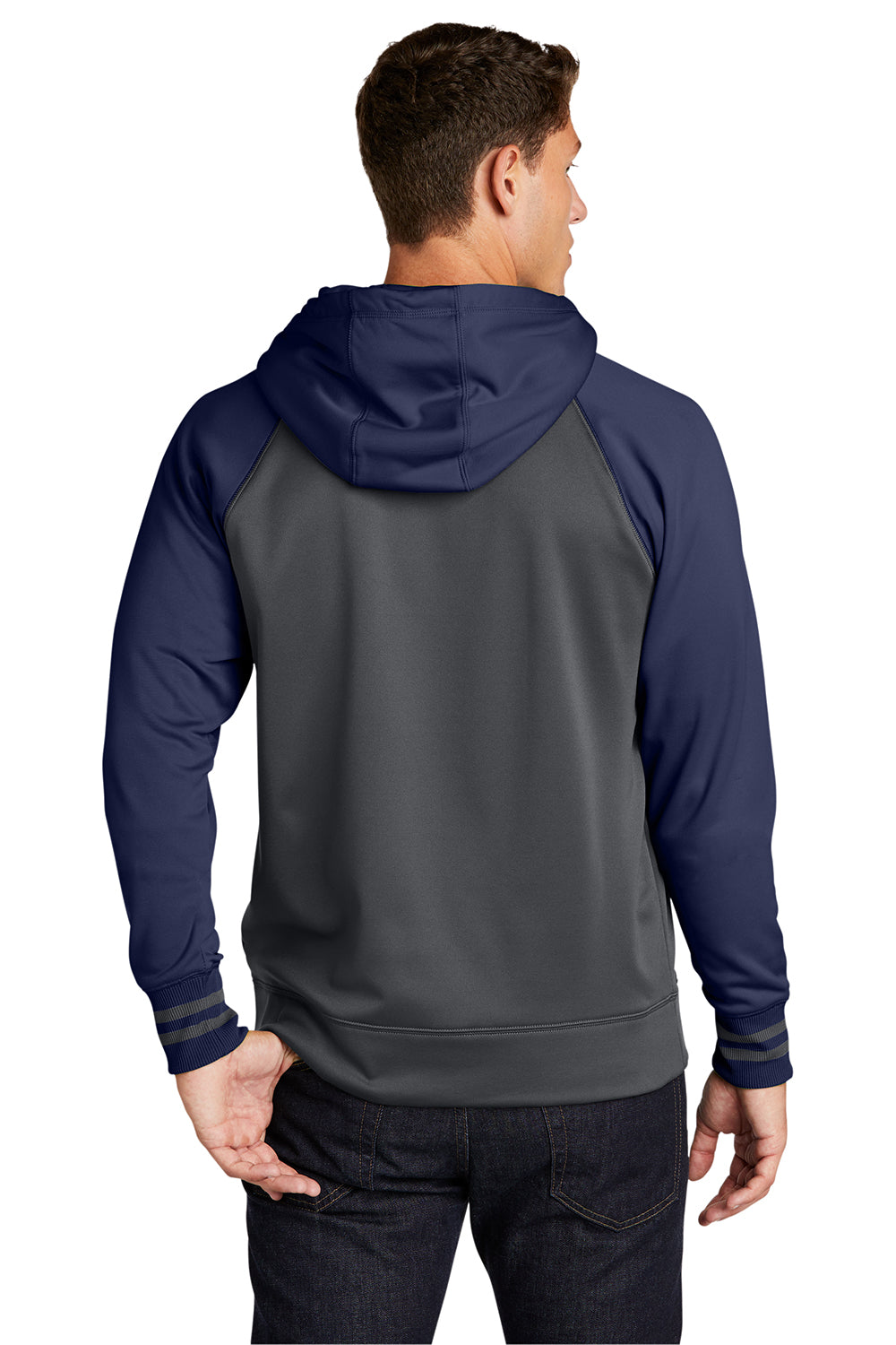 Sport-Tek ST236 Mens Sport-Wick Moisture Wicking Fleece Hooded Sweatshirt Hoodie Dark Smoke Grey/Navy Blue Model Back