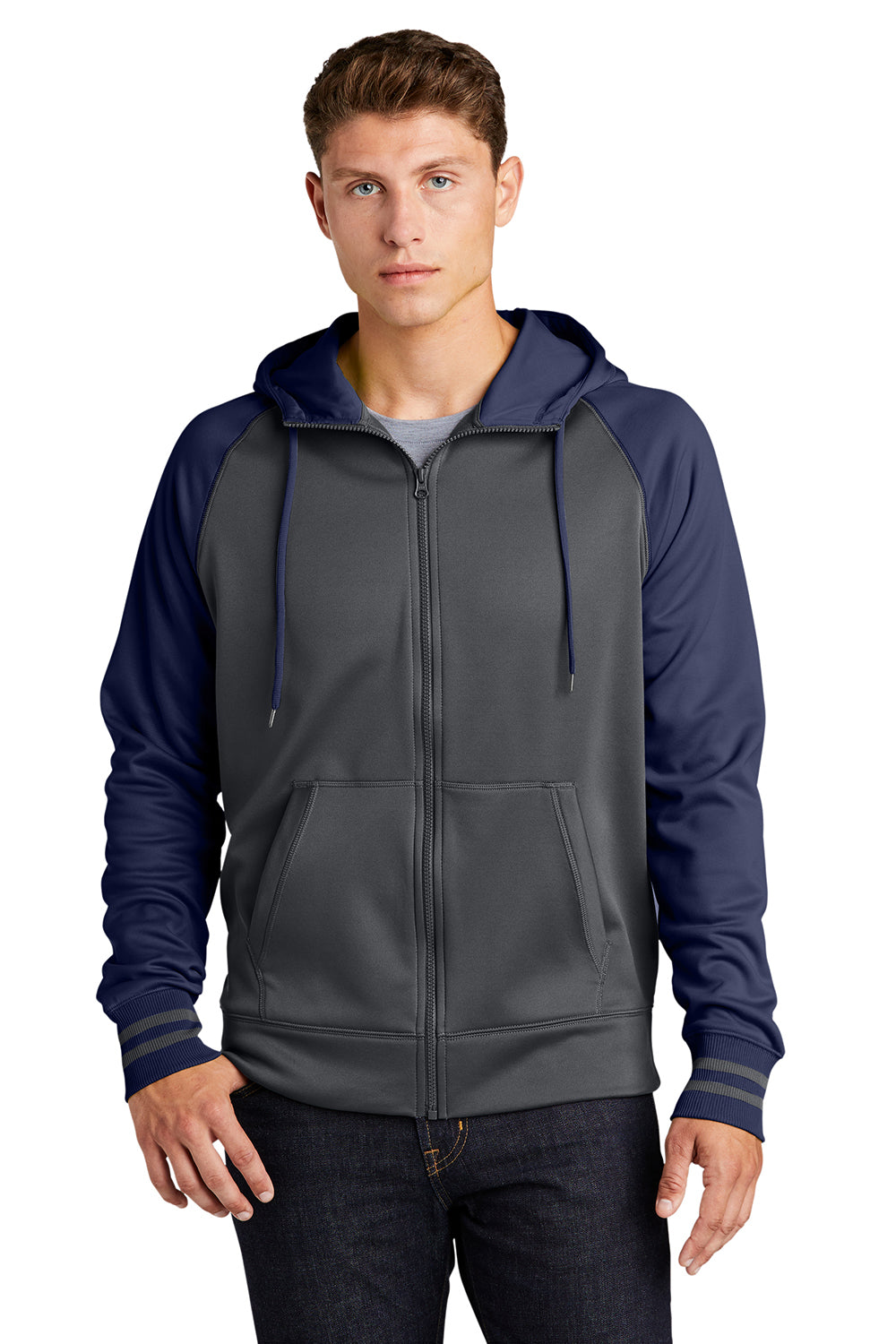 Sport-Tek ST236 Mens Sport-Wick Moisture Wicking Fleece Hooded Sweatshirt Hoodie Dark Smoke Grey/Navy Blue Model Front