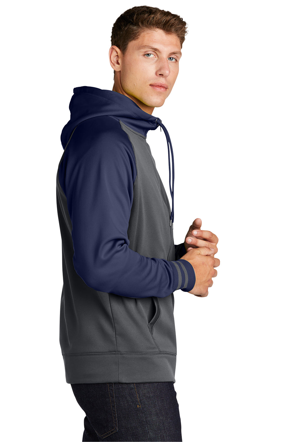 Sport-Tek ST236 Mens Sport-Wick Moisture Wicking Fleece Hooded Sweatshirt Hoodie Dark Smoke Grey/Navy Blue Model Side