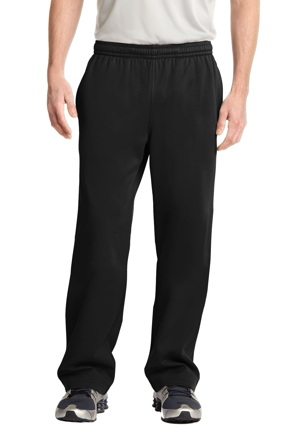 Sport-Tek ST237 Mens Sport Wick Moisture Wicking Fleece Sweatpants w/ Pockets Black Model Front