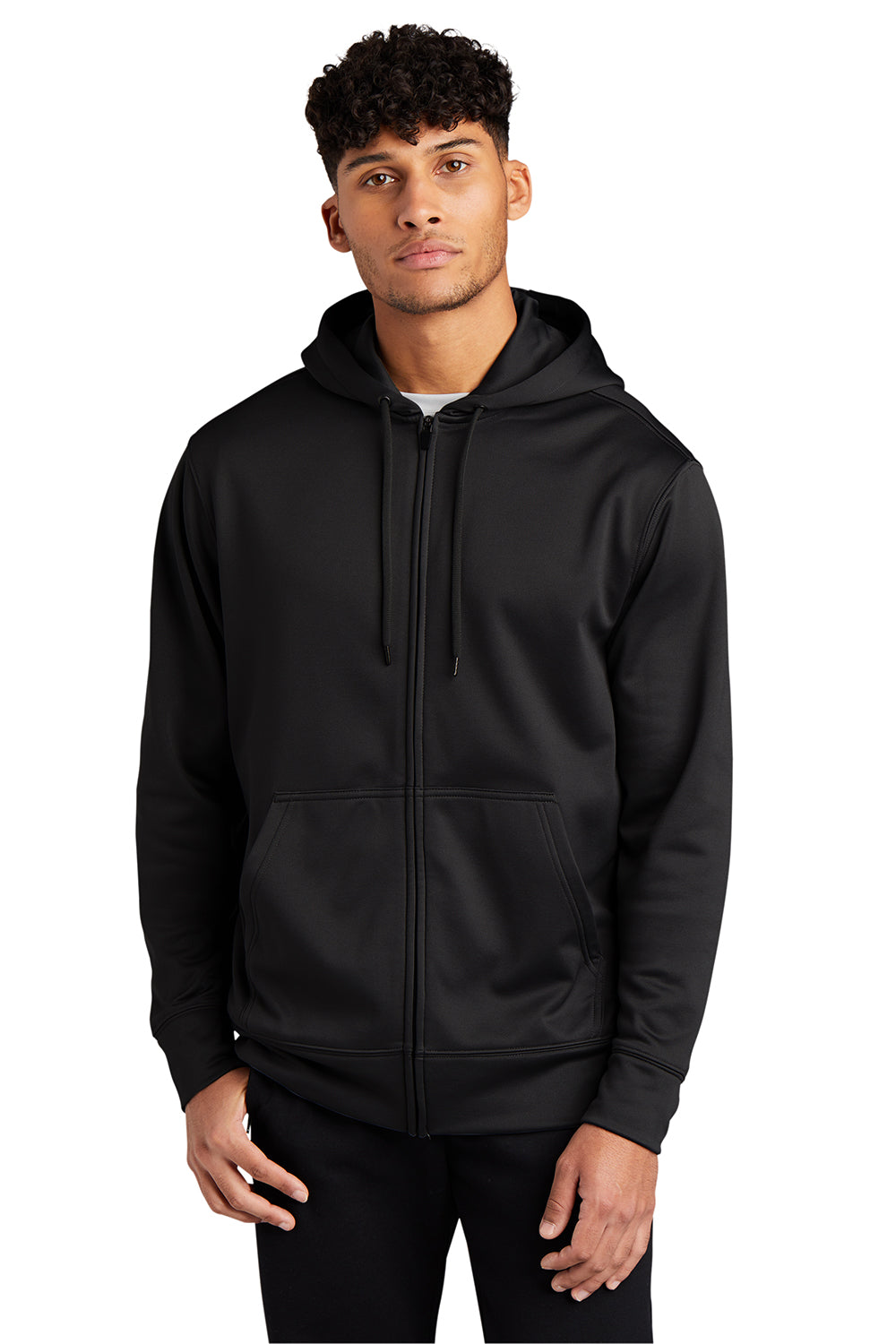 Sport-Tek ST238 Mens Sport-Wick Moisture Wicking Fleece Full Zip Hooded Sweatshirt Hoodie Black Model Front