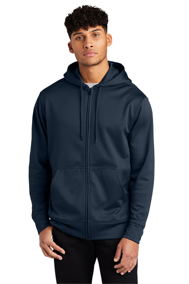 Sport-Tek ST238 Mens Sport-Wick Moisture Wicking Fleece Full Zip Hooded Sweatshirt Hoodie Navy Blue Model Front