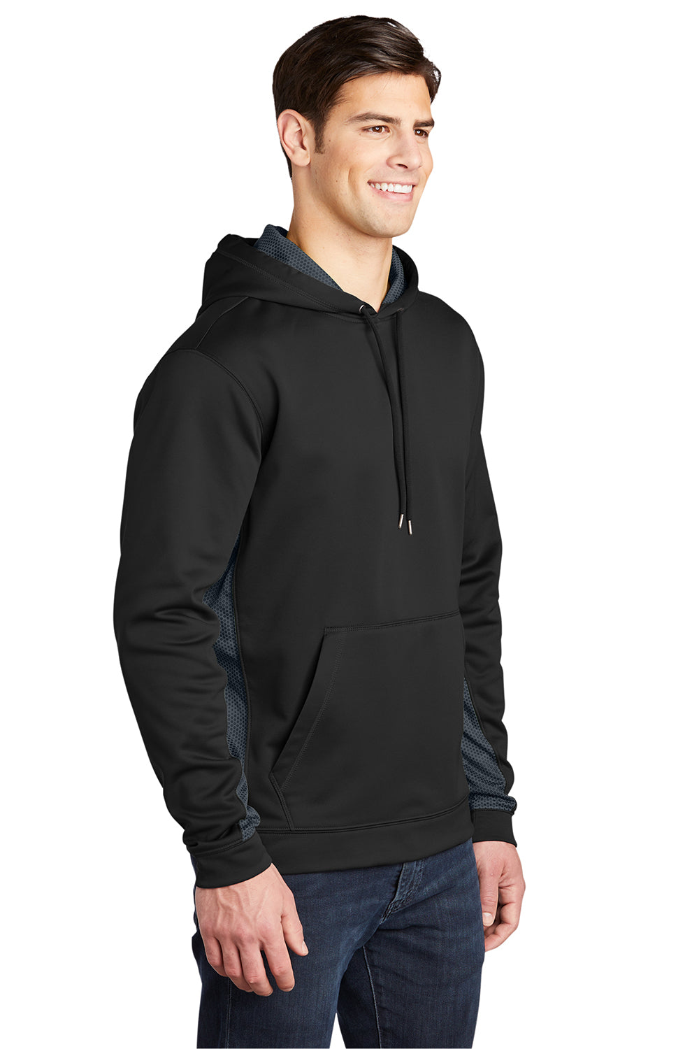 Sport-Tek ST239 Mens Sport-Wick CamoHex Moisture Wicking Fleece Hooded Sweatshirt Hoodie Black/Dark Smoke Grey Model 3q