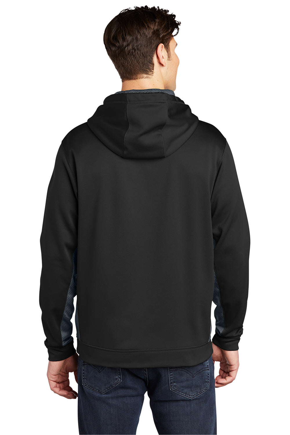 Sport-Tek ST239 Mens Sport-Wick CamoHex Moisture Wicking Fleece Hooded Sweatshirt Hoodie Black/Dark Smoke Grey Model Back