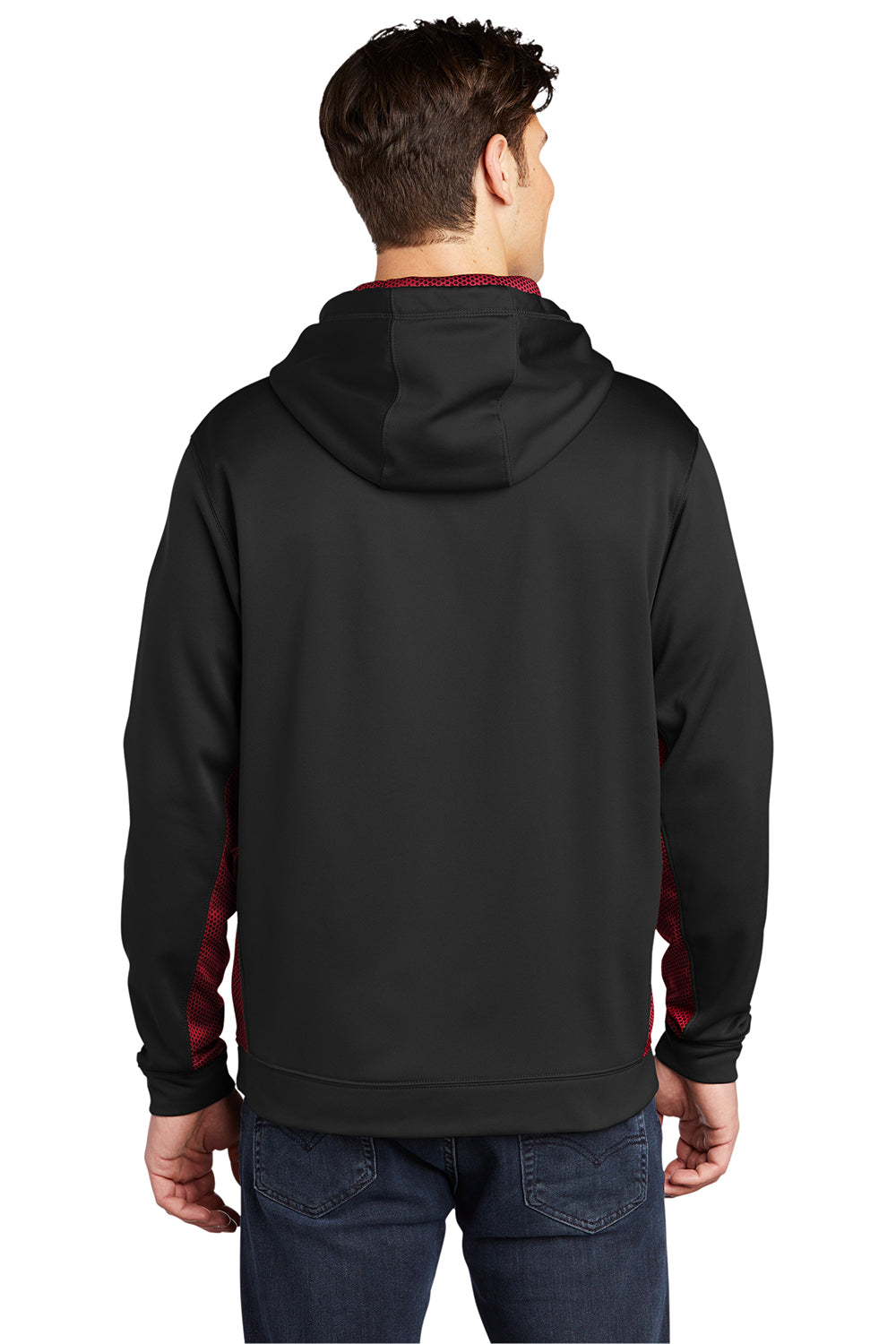 Sport-Tek ST239 Mens Sport-Wick CamoHex Moisture Wicking Fleece Hooded Sweatshirt Hoodie Black/Deep Red Model Back