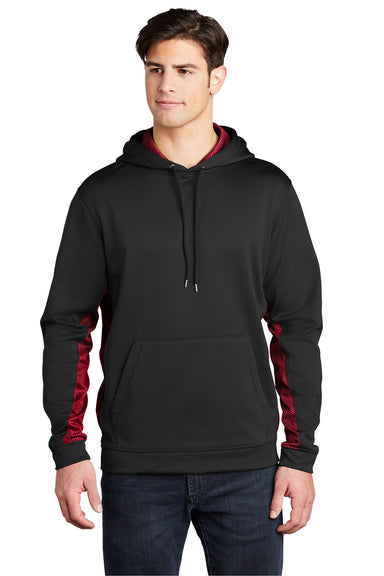 Sport-Tek ST239 Mens Sport-Wick CamoHex Moisture Wicking Fleece Hooded Sweatshirt Hoodie Black/Deep Red Model Front