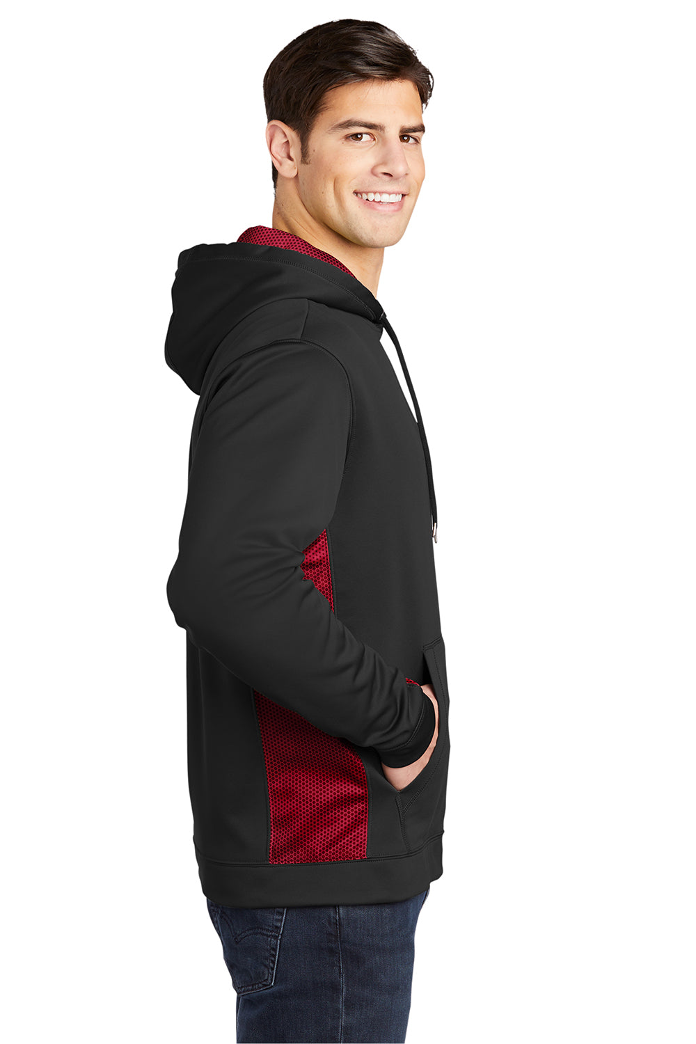 Sport-Tek ST239 Mens Sport-Wick CamoHex Moisture Wicking Fleece Hooded Sweatshirt Hoodie Black/Deep Red Model Side