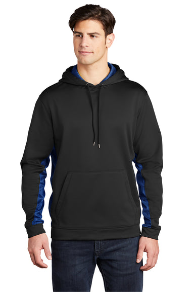 Sport-Tek ST239 Mens Sport-Wick CamoHex Moisture Wicking Fleece Hooded Sweatshirt Hoodie Black/True Royal Blue Model Front