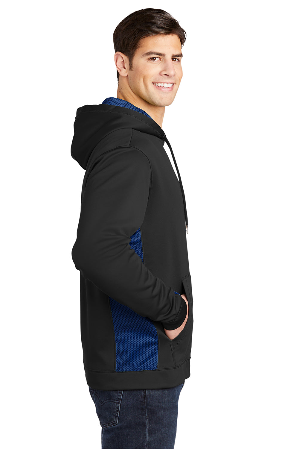 Sport-Tek ST239 Mens Sport-Wick CamoHex Moisture Wicking Fleece Hooded Sweatshirt Hoodie Black/True Royal Blue Model Side