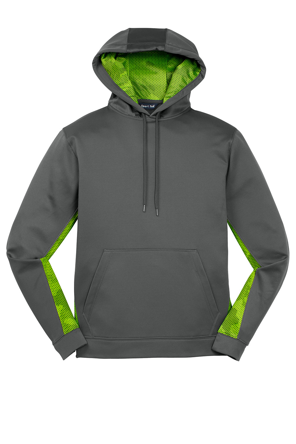 Sport-Tek ST239 Mens Sport-Wick CamoHex Moisture Wicking Fleece Hooded Sweatshirt Hoodie Dark Smoke Grey/Lime Shock Green Flat Front