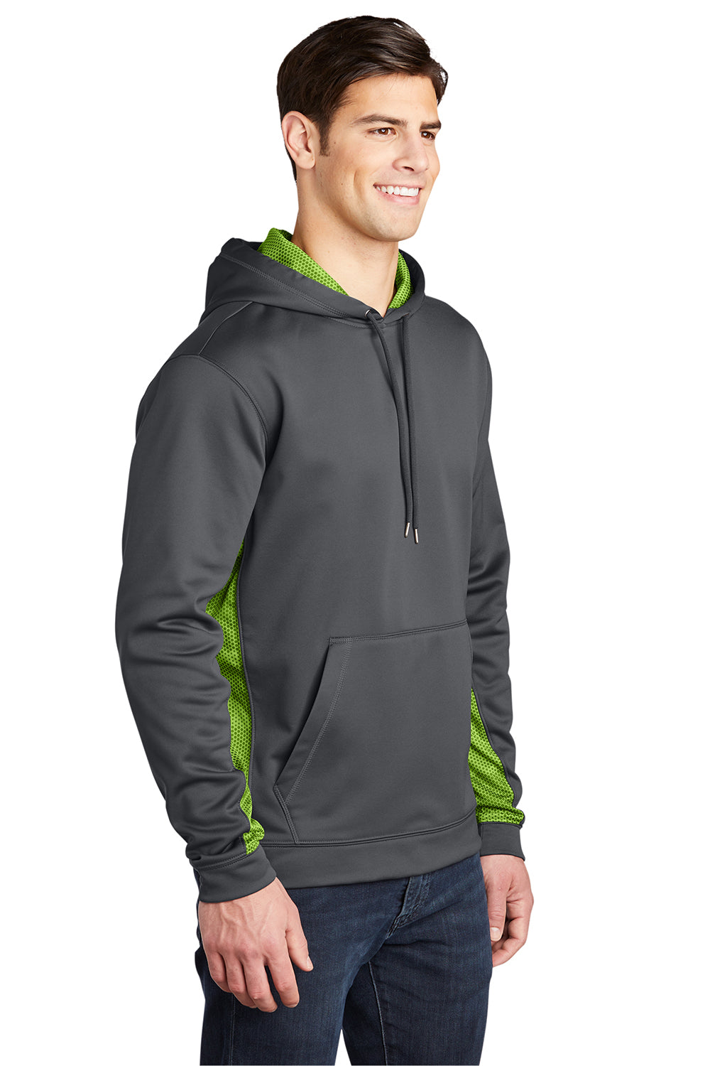 Sport-Tek ST239 Mens Sport-Wick CamoHex Moisture Wicking Fleece Hooded Sweatshirt Hoodie Dark Smoke Grey/Lime Shock Green Model 3q