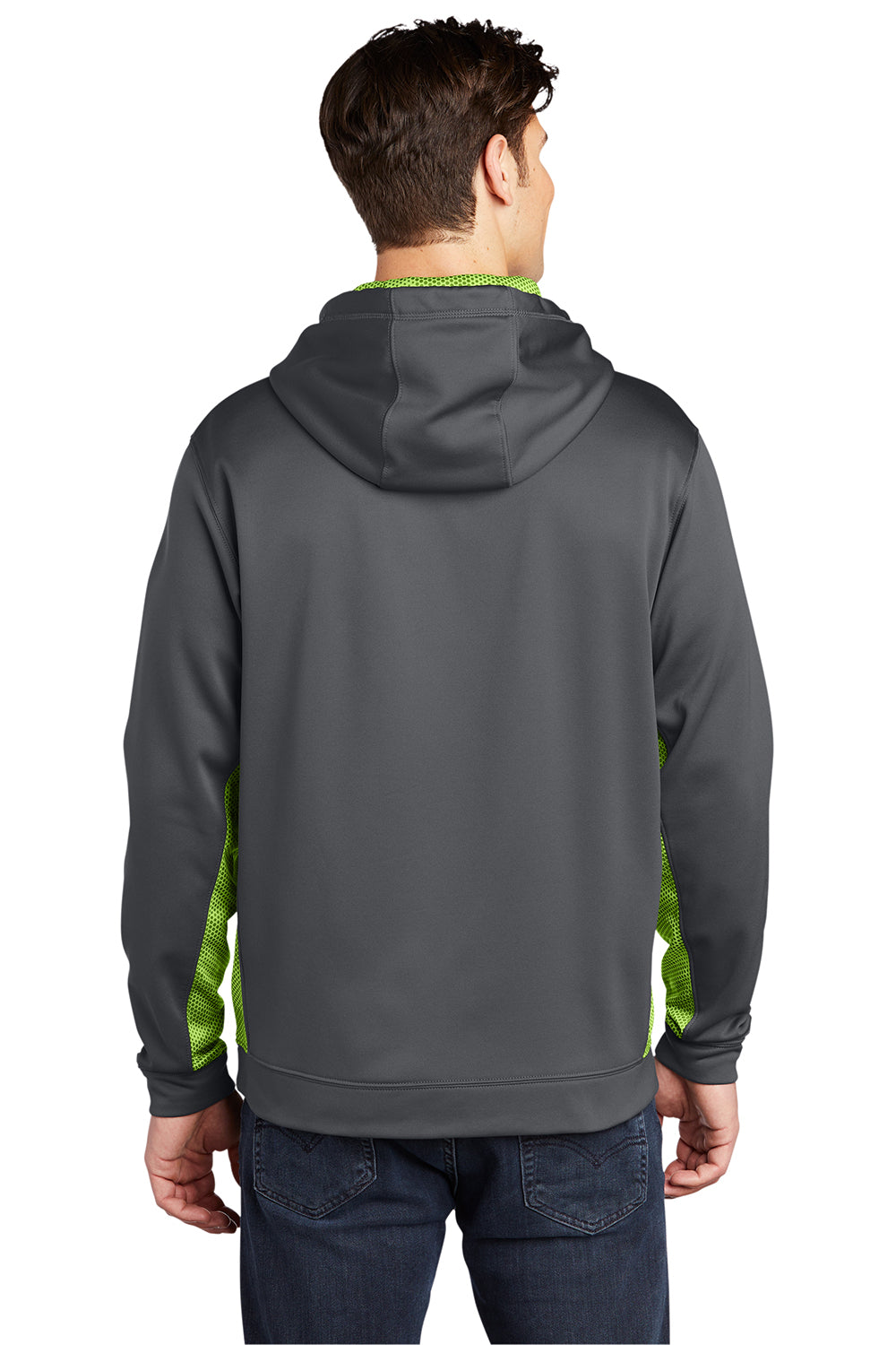 Sport-Tek ST239 Mens Sport-Wick CamoHex Moisture Wicking Fleece Hooded Sweatshirt Hoodie Dark Smoke Grey/Lime Shock Green Model Back