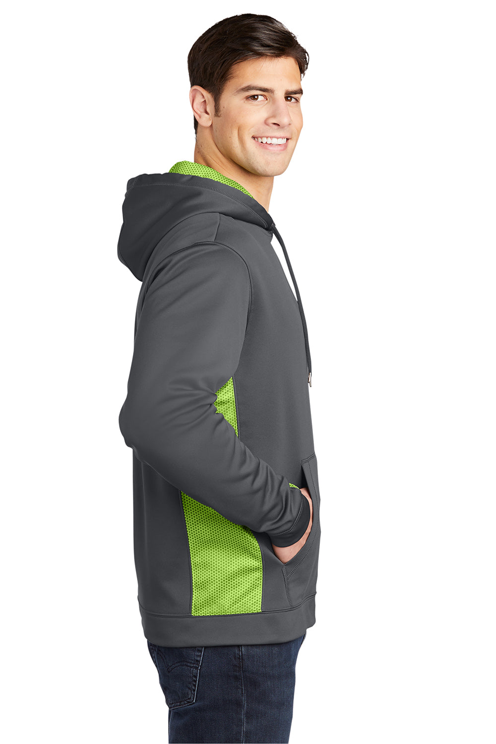 Sport-Tek ST239 Mens Sport-Wick CamoHex Moisture Wicking Fleece Hooded Sweatshirt Hoodie Dark Smoke Grey/Lime Shock Green Model Side