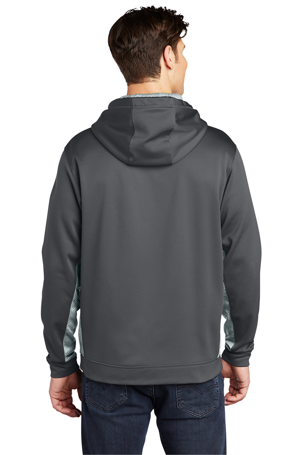 Sport-Tek ST239 Mens Sport-Wick CamoHex Moisture Wicking Fleece Hooded Sweatshirt Hoodie Dark Smoke Grey/White Model Back