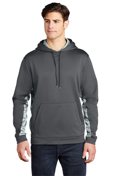 Sport-Tek ST239 Mens Sport-Wick CamoHex Moisture Wicking Fleece Hooded Sweatshirt Hoodie Dark Smoke Grey/White Model Front