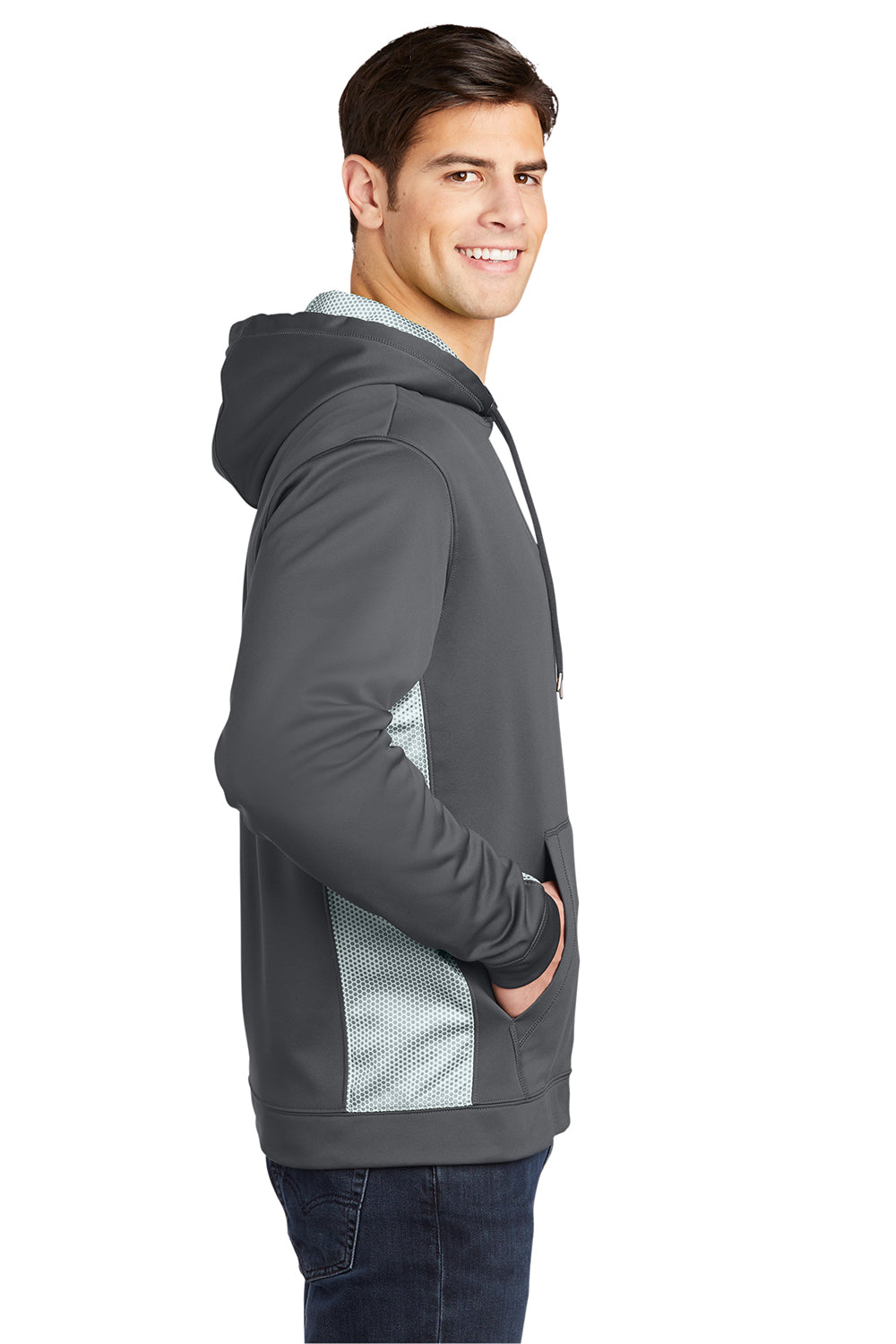 Sport-Tek ST239 Mens Sport-Wick CamoHex Moisture Wicking Fleece Hooded Sweatshirt Hoodie Dark Smoke Grey/White Model Side