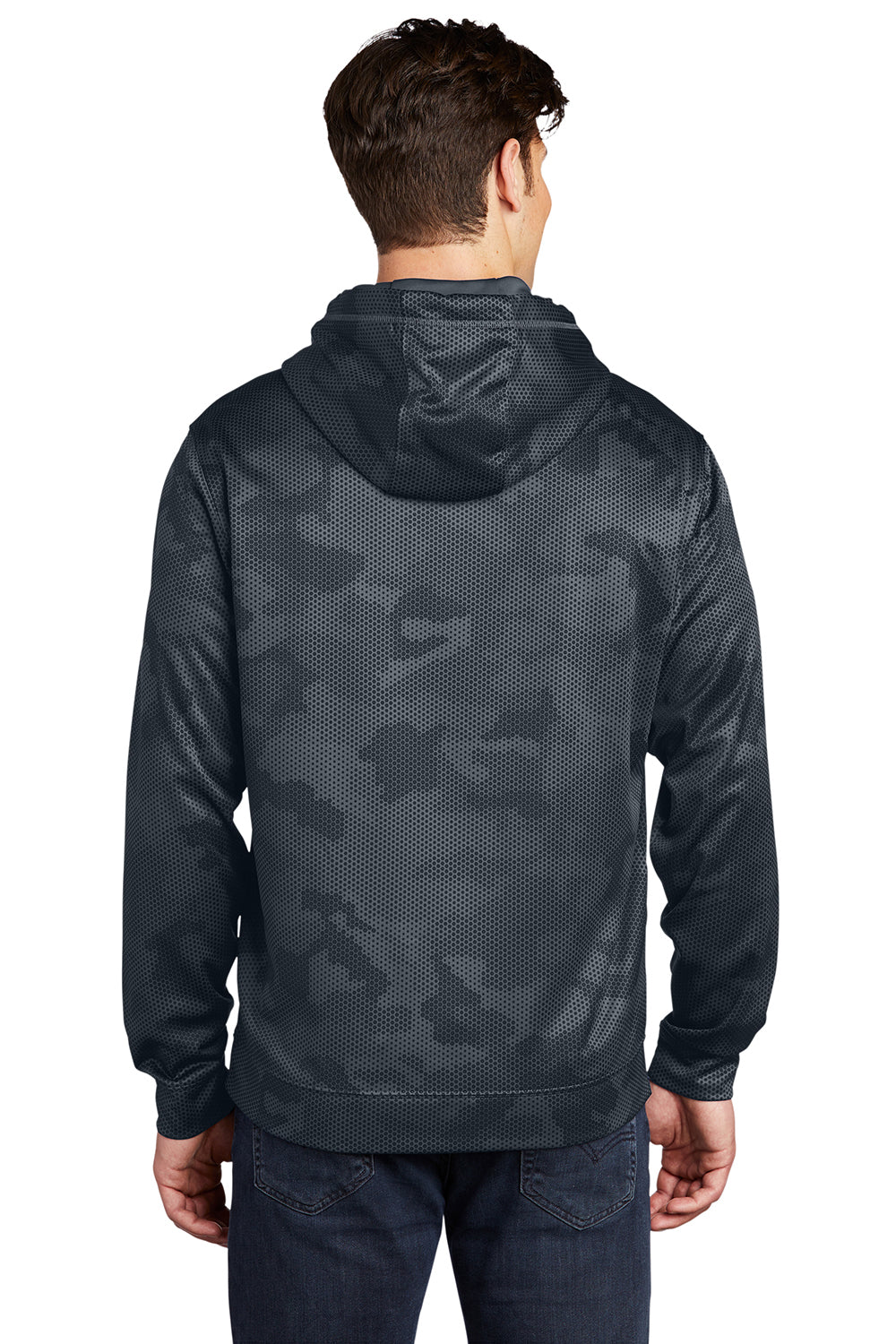 Sport-Tek ST240 Mens Sport-Wick CamoHex Moisture Wicking Fleece Hooded Sweatshirt Hoodie Dark Smoke Grey Model Back