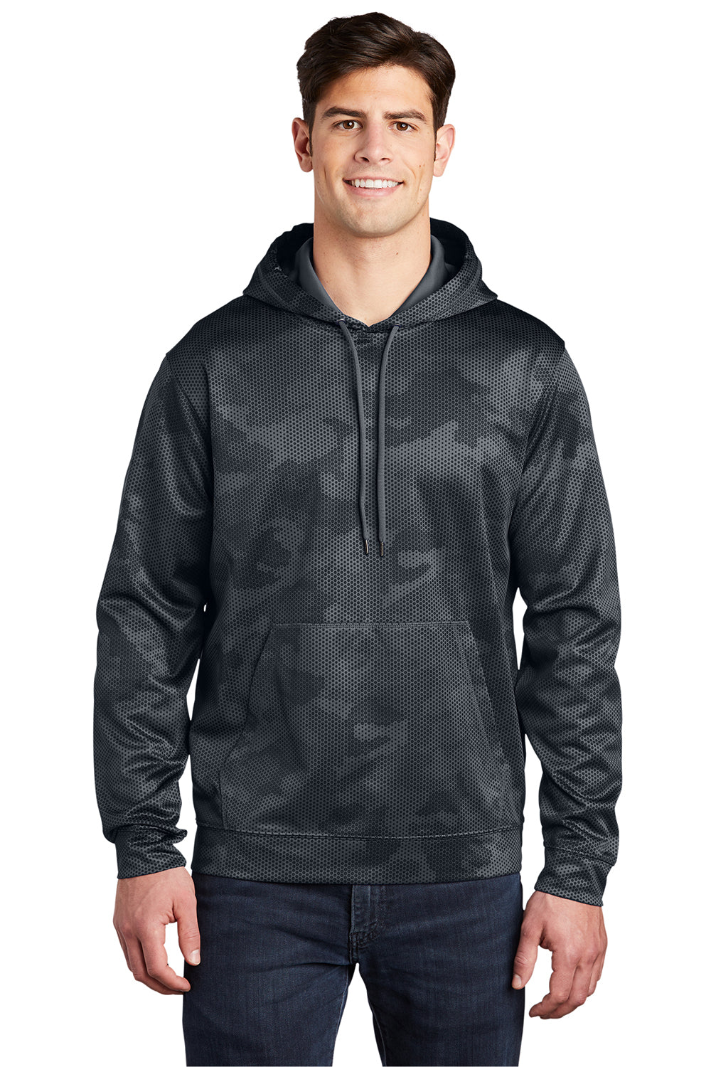 Sport-Tek ST240 Mens Sport-Wick CamoHex Moisture Wicking Fleece Hooded Sweatshirt Hoodie Dark Smoke Grey Model Front